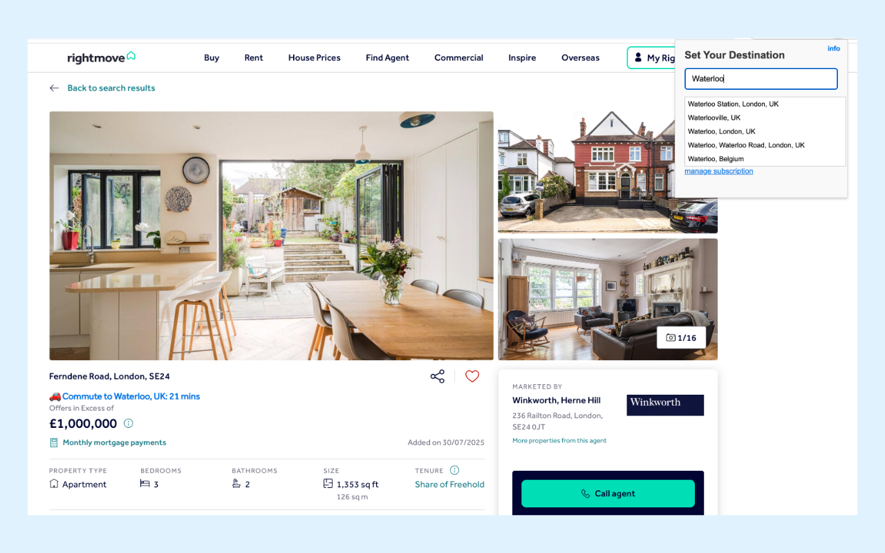 Commutable extension showing commute times on Rightmove